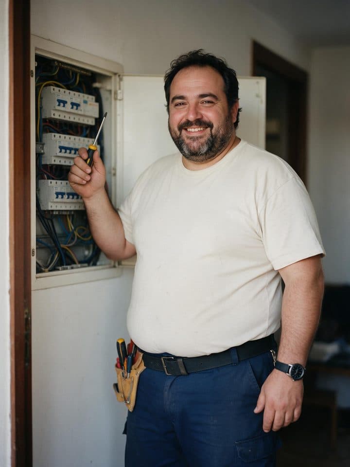 Electricista sonriendo junto a un cuadro eléctrico