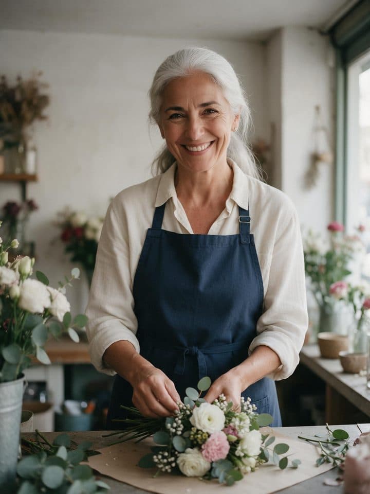 Florista sonriendo mientras prepara un ramo en su tienda