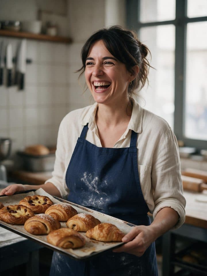 Pastelera riendo con una bandeja de bollería en su obrador