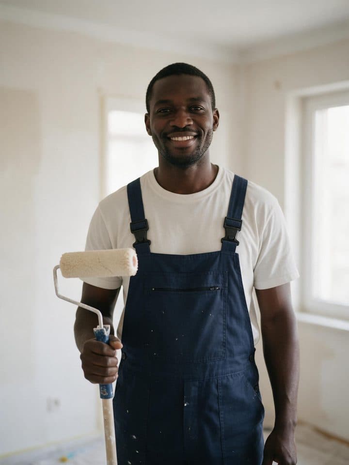 Pintor autónomo sonriendo con un rodillo en una habitación recién pintada